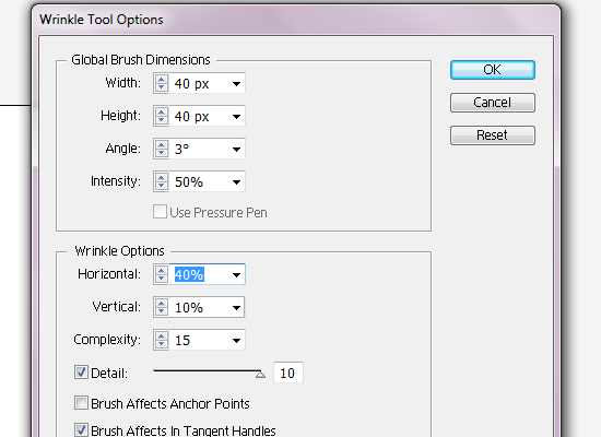Wrinkle Tool Option Size 40px by 40px, angle 3, intensity 50%, horizontal 40% and vertical 10% & 10 detail